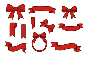 Ribbon vector icon set, red banners and bows. Isolated shapes for gift, present wrapping and accessory. Christmas or birthday decoration. Holiday celebration element collection.