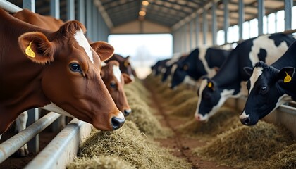 Brown and black cows eating hay in barn feeding