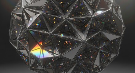 Geometric sphere with a shimmering, reflective, multifaceted surface