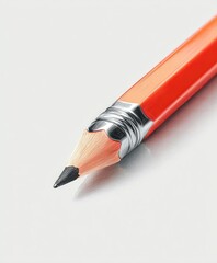 Close-up shot of a sharpened, orange wooden writing tool against a white, reflective surface