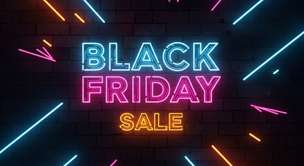 Eyecatching black friday sale neon sign against a brick wall, ideal for attracting customers with its vibrant colors and modern design, creating a buzz