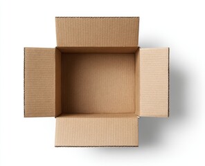 Overhead view of an open, empty cardboard box, with its flaps spread out on a white surface