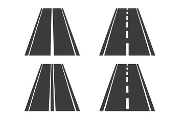 Set of straight roads in perspective. Highway and street vector collection. Asphalt path with different white markings for journey, transport or traffic concept illustrations.