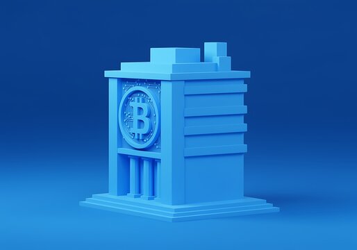 Conceptual Bitcoin Bank Building Illustration for Cryptocurrency and Finance Related Visuals in the Digital Age