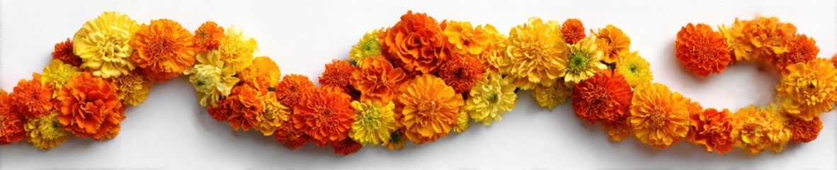 A vibrant garland of orange and yellow flowers arranged in a flowing, decorative line