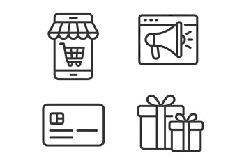 E-commerce icon set for online shopping. Vector line icons for mobile store, digital marketing, credit card payment, and gift bonus. Web UI elements for business apps.