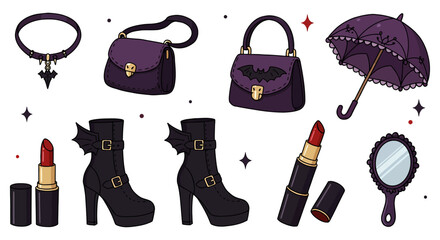 Gothic accessories set a bat choker purses boots umbrella mirror  lipstick for vintage dark-aesthetic fashion  halloween style
