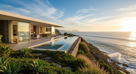 Fototapeta premium Modern coastal residence boasts a stunning infinity pool overlooking the vast ocean under a bright blue sky, with lush green vegetation in the foreground, reflecting sunlight, showcasing a sense of...
