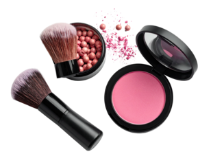 Pink blush and makeup brushes, overhead