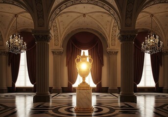 Opulent ceremonial hall featuring golden urn spotlighted, classic design