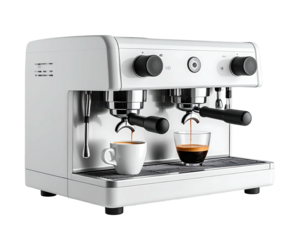 White dual-head espresso machine dispensing coffee