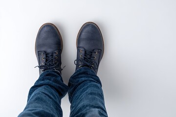Top-down shot of blue boots on a white background, showing jean-clad legs