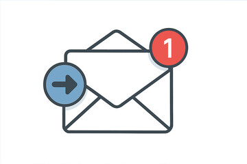 Email notification vector icon with one new incoming message. Envelope with counter badge and send arrow button. Mail delivery service. Spam or newsletter announcement concept.