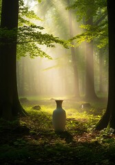 Solitary vase in the dreamy forest bathed in mystical light beams
