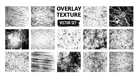 Overlay texture set. Different types of texture stamps (damaged, paint, old, concrete and other). Vector collection urban grunge overlay. Paint texture with spray effect and drop ink splashes. Vector
