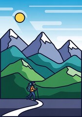Stylized mountainous landscape with hiker under a radiant sun in a serene nature scene