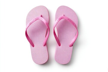 Top-down view of two pale pink flip-flops on a white surface. Shadows create depth