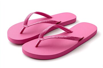 A pair of bright pink flip-flops, angled, resting on a white background