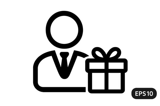 Customer reward program icon. User with gift box symbol. Man receiving a present or bonus for loyalty. Business promotion, special offer, and appreciation concept vector.