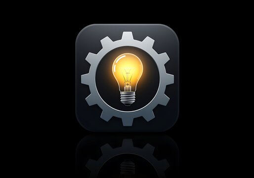Creative Idea Generation Light Bulb Shining Brightly Inside Gear Machine Symbol Innovation Technology Concept and Business Strategy on Black Background