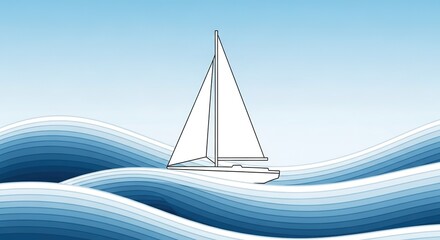 Minimalist Sailboat on Wavy Ocean Water.