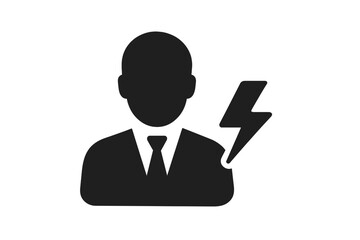 Power user icon with lightning bolt. Active user symbol. Businessman with energy sign. Professional performance concept. Expertise, productivity & efficiency metaphor. Vector.