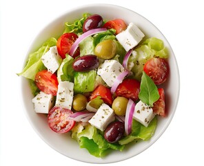 Overhead view of a Greek salad in a white bowl, featuring various fresh ingredients