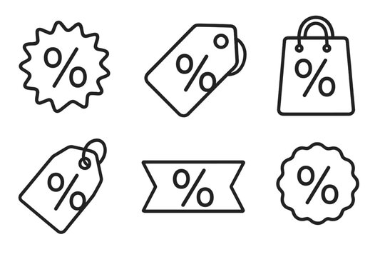 Simple percent icon collection symbolizing sale, discount, and special offers. Set includes vector price tags, shopping bag, and promotional labels. Editable stroke line art.