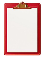 A vibrant red clipboard with gold accents holding a blank white sheet of paper