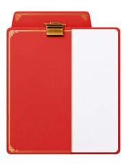 Red clipboard with gold trim, holding a vertical white paper, secured by a clasp