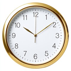A simple, round wall clock with a gold bezel and white face, showing the time