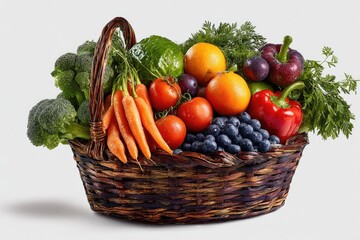A rustic wicker basket brimming with an assortment of fresh, colorful fruits and vegetables