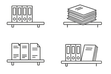 Shelved documents outline collection. Editable stroke vectors perfect for infographics, articles, books, flyers, banners. Office files, paperwork, folders, paper stacks, line art illustration.