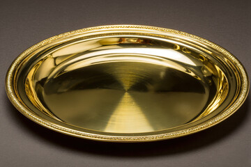 Polished brass plate with warm reflections on dark neutral background