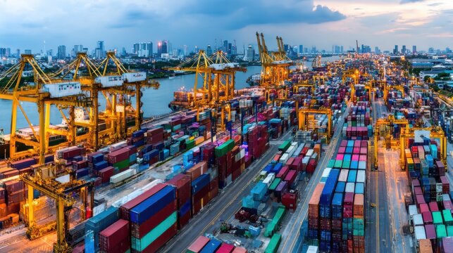 Busy shipping port at sunset with colorful cargo containers and cranes in a bustling urban environment by the water - Powered by Adobe