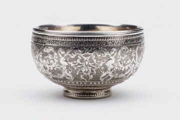 Ornate silver bowl with detailed floral designs, footed base, and a reflective interior