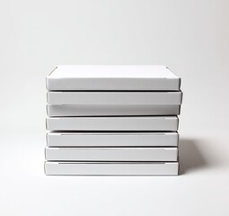 A stack of seven white square cardboard boxes, evenly placed on a plain white surface