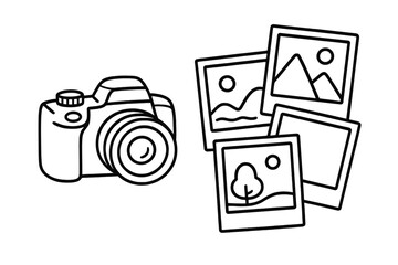 Photo camera with image picture collection icon, editable stroke vector illustration for infographics, articles, books, flyers, banners, creative photography concept