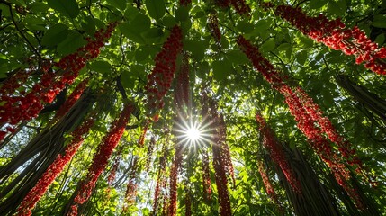 Obraz premium Tree canopy filled with hanging red blossoms and bright green leaves filtering sun 