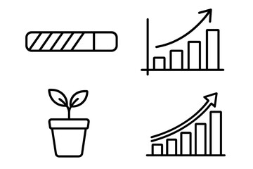 Progress bar and growth diagram outline icons collection, editable stroke, vector cartoon illustrations for infographics, business charts, plant growth concept, analytics