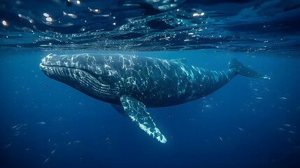 Fototapeta premium Giant humpback whale swimming gracefully in the deep blue ocean near the water's surface