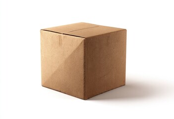 A plain, closed cardboard box isolated on a white background, casting a shadow
