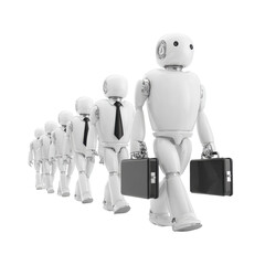 Obraz premium Line of White Robotic Professionals in Suits with Briefcases