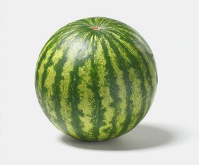 A ripe, green watermelon with striped rind sits against a white backdrop casting a shadow