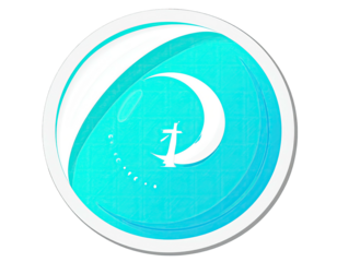 Circular emblem with teal background and white design elements