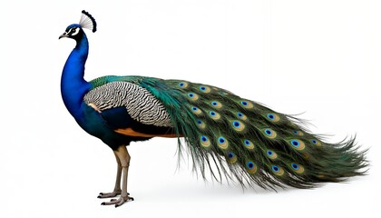 Obraz premium Majestic peacock with vibrant blue neck and ornate green tail feathers bird avian