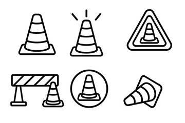 Traffic cone line icon collection, editable stroke vector set with safety cones, warning symbols, construction barricade icons for infographics, articles, banners, flyers