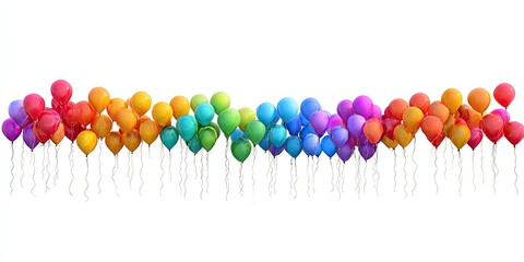 A vibrant row of colorful balloons arranged in a rainbow gradient against a white background