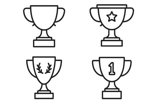 Winning cup outline icon collection with editable stroke for infographics, articles, books, flyers, banners, trophy set with star, laurel, number 1 designs, vector cartoon illustration