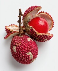 Close-up of exotic fruit, red skin, partially opened showing juicy flesh and stem